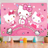 (7 Day Delivery) Sanrio Pink Hello Kitty Cat Happy Birthday Backdrop For Girls